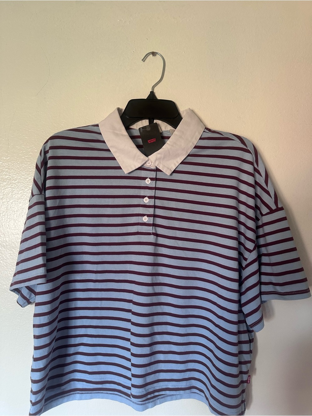 Levi's Light Blue and Maroon Striped Polo Top with White Collar